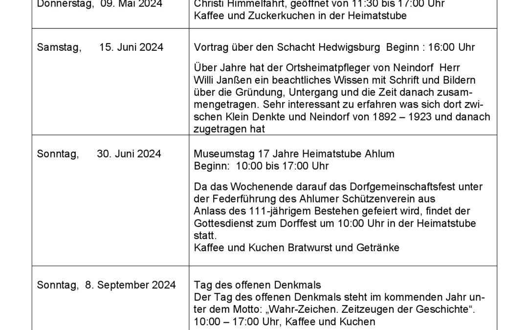 Veranstaltungen der Heimatstube Ahlum 2024